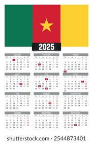 New year 2025 calendar with Cameroon flag and public holidays for print