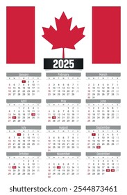 Calendario del Nuevo año 2025 con la bandera de Canadá y los días festivos para imprimir