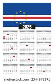 New year 2025 calendar with Cape Verde flag and public holidays for print