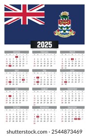 Calendario del Nuevo año 2025 con bandera de las Islas Caimán y días festivos para imprimir