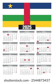 New year 2025 calendar with Central African Republic flag and public holidays for print