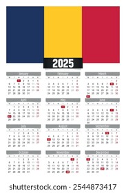 New year 2025 calendar with Chad flag and public holidays for print