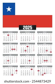 Calendario del Nuevo año 2025 con la bandera de Chile y días festivos para imprimir