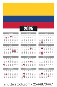 Calendario del Nuevo año 2025 con bandera de Colombia y días festivos para imprimir