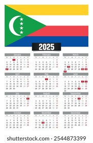 New year 2025 calendar with Comoros flag and public holidays for print