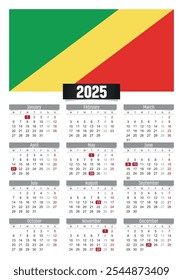 New year 2025 calendar with Congo flag and public holidays for print