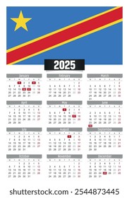 New year 2025 calendar with Congo Democratic Republic flag and public holidays for print