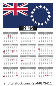 Calendario del Nuevo año 2025 con bandera de las Islas Cook y días festivos para imprimir