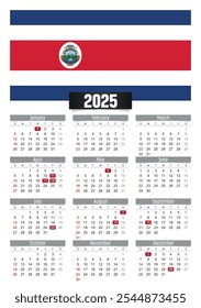 New year 2025 calendar with Costa Rica flag and public holidays for print