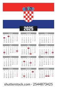 Calendario del Nuevo año 2025 con la bandera de Croacia y los días festivos para imprimir