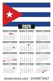 Calendario del Nuevo año 2025 con bandera de Cuba y días festivos para imprimir