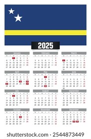 Calendario del Nuevo año 2025 con la bandera de Curazao y los días festivos para imprimir