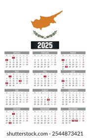 New year 2025 calendar with Cyprus flag and public holidays for print