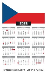 Calendario del Nuevo año 2025 con la bandera de Chequia y días festivos para imprimir