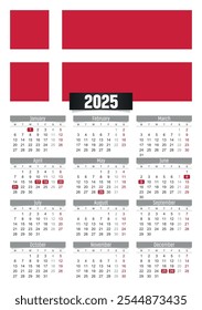 Calendario del Nuevo año 2025 con la bandera de Dinamarca y los días festivos para imprimir