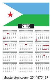 Calendario del Nuevo año 2025 con bandera de Yibuti y días festivos para imprimir