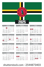 New year 2025 calendar with Dominica flag and public holidays for print