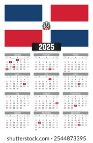 Calendario del Nuevo año 2025 con bandera de República Dominicana y días festivos para imprimir