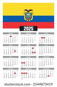 Calendario del Nuevo año 2025 con bandera de Ecuador y días festivos para imprimir