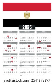 Calendário de ano novo 2025 com bandeira do Egito e feriados públicos para impressão