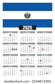 Calendario del Nuevo año 2025 con bandera de El Salvador y días festivos para imprimir