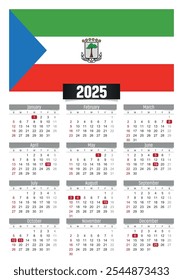 Calendario del Nuevo año 2025 con bandera de Guinea Ecuatorial y días festivos para imprimir