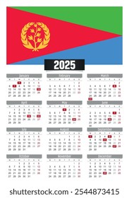 New year 2025 calendar with Eritrea flag and public holidays for print