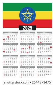 New year 2025 calendar with Ethiopia flag and public holidays for print