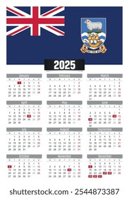 Calendario del Nuevo año 2025 con bandera de las Islas Malvinas y días festivos para imprimir