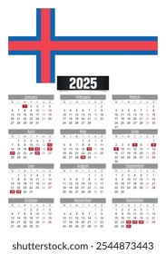 Calendario del Nuevo año 2025 con bandera de las Islas Feroe y días festivos para imprimir