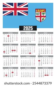 Calendario del Nuevo año 2025 con la bandera de Fiyi y los días festivos para imprimir