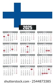 Calendario del Nuevo año 2025 con la bandera de Finlandia y los días festivos para imprimir