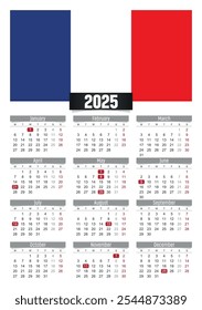 Calendario del Nuevo año 2025 con la bandera de Francia y los días festivos para imprimir