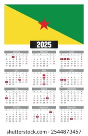 New year 2025 calendar with French Guiana flag and public holidays for print