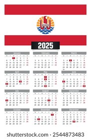 Calendario del Nuevo año 2025 con la bandera de la Polinesia Francesa y días festivos para imprimir