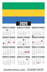 Calendario del Nuevo año 2025 con bandera de Gabón y días festivos para imprimir