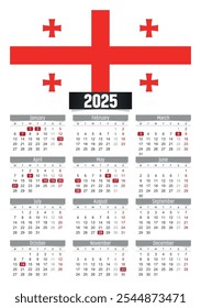 Calendario del Nuevo año 2025 con bandera de Georgia y días festivos para imprimir