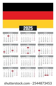 Calendario del Nuevo año 2025 con bandera de Alemania y días festivos para imprimir