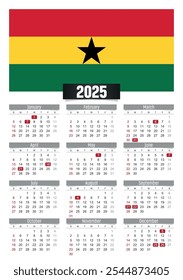 Calendario del Nuevo año 2025 con bandera de Ghana y días festivos para imprimir