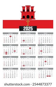 New year 2025 calendar with Gibraltar flag and public holidays for print