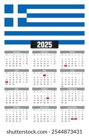 Calendario del Nuevo año 2025 con bandera de Grecia y días festivos para imprimir