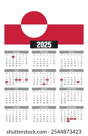 Calendario del Nuevo año 2025 con la bandera de Groenlandia y los días festivos para imprimir