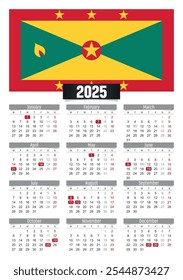 New year 2025 calendar with Grenada flag and public holidays for print