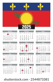 Calendario del Nuevo año 2025 con la bandera de Guadalupe y los días festivos para imprimir