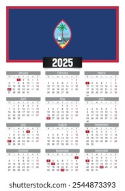 Calendario del Nuevo año 2025 con la bandera de Guam y los días festivos para imprimir