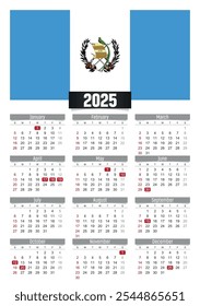 Calendario del Nuevo año 2025 con la bandera de Guatemala y los días festivos para imprimir