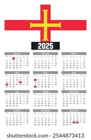 Calendario del Nuevo año 2025 con bandera de Guernsey y días festivos para imprimir