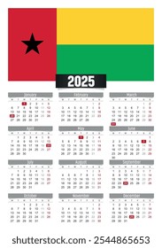 New year 2025 calendar with Guinea Bissau flag and public holidays for print