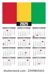 New year 2025 calendar with Guinea flag and public holidays for print