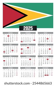 New year 2025 calendar with Guyana flag and public holidays for print